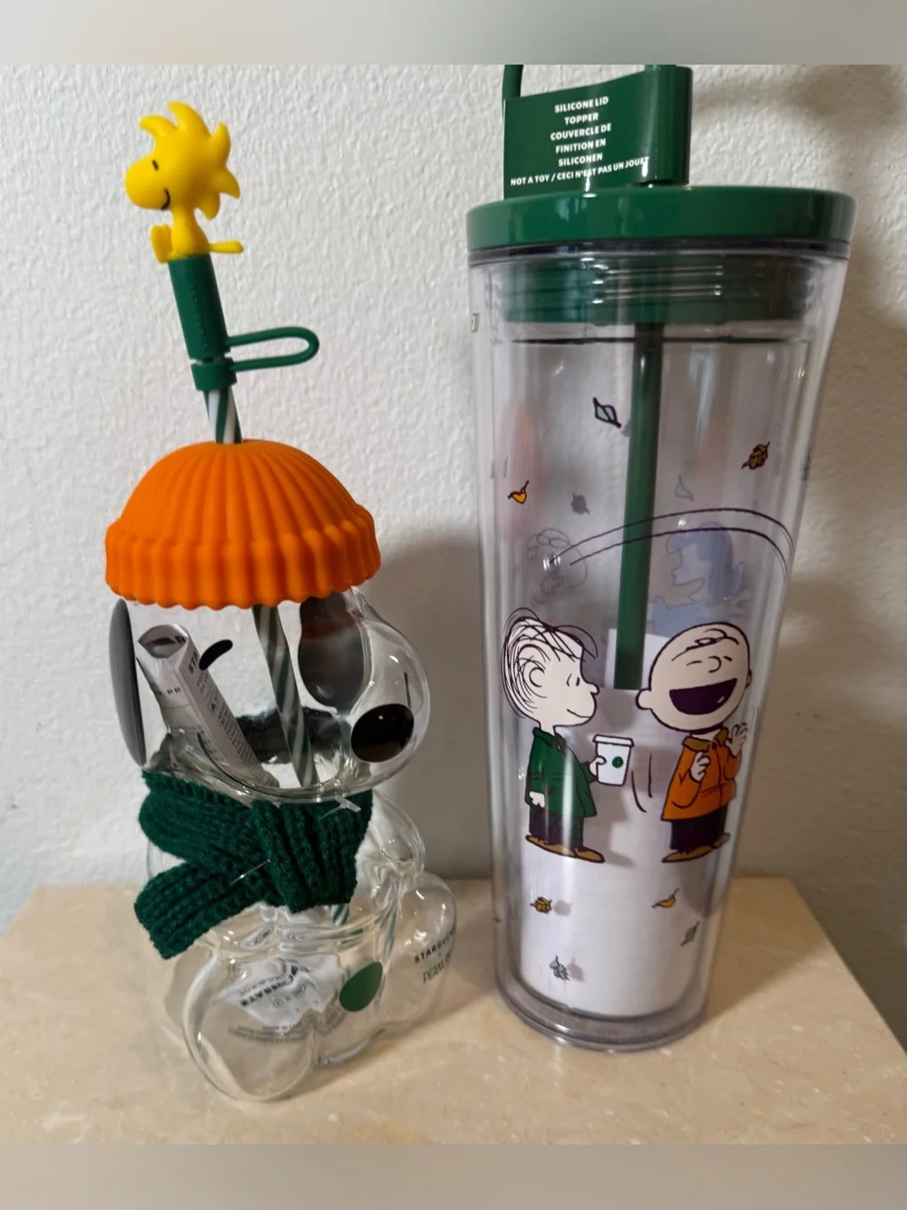2 Peanuts Starbucks tumblers. Glass Snoopy Cold Cup & Great Pumpkin cold cup